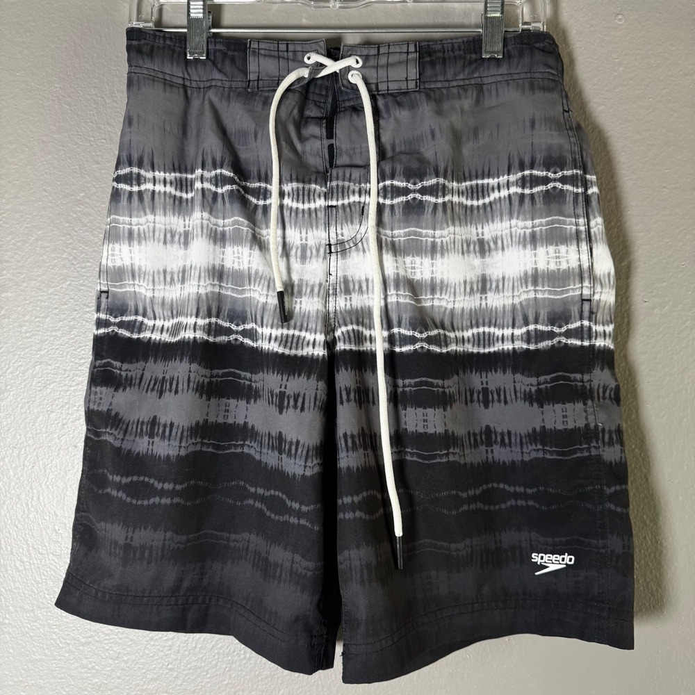 Speedo Mens Black White Tie Dye Stripe Board Shorts Swim Trunks Small